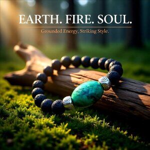 Chrysacolla & Black Lava Rock Bracelet! Thick, Solid & Chunky! Heavy Stone Beads